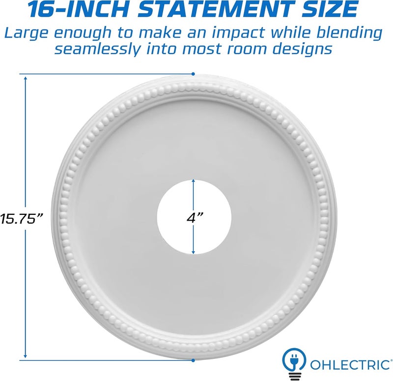 OHLECTRIC Ceiling Medallion (15.75″ × 4″ Center Hole) White Molded Plastic Beaded Medallion 15‑3/4″ OD × 4″ ID × 1″ P. Durable Molded Medallion, Decorative Medallion for Ceiling, Lights, Chandeliers - Image 2